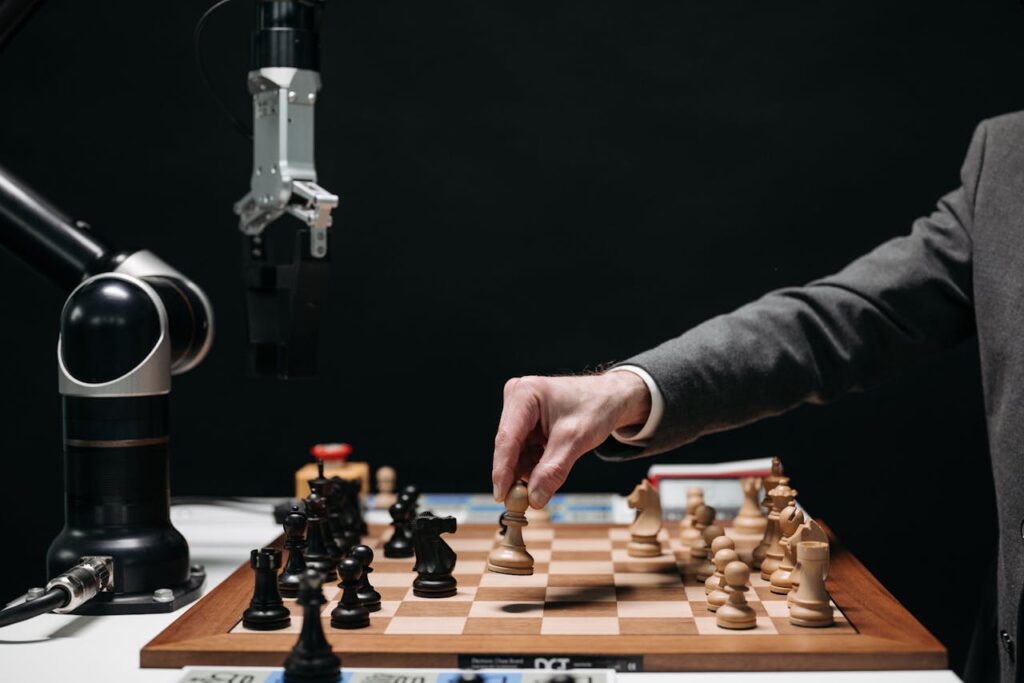 AI Robotic plays chess against a human, symbolizing AI innovation and strategy.